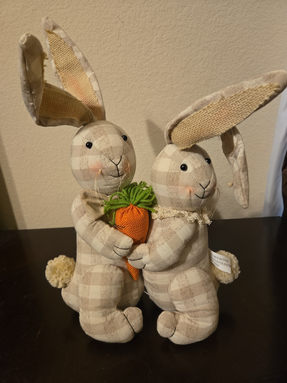 Plaid Beige Bunny Couple Plush with Orange Carrot - Home Accent